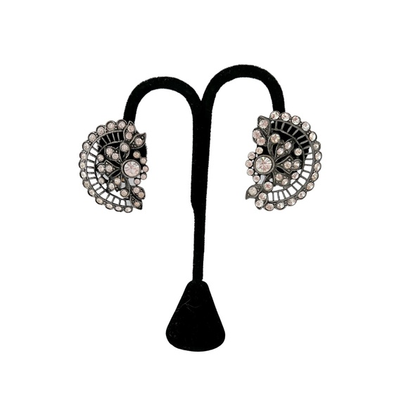 Antique & Clear Crystal Fan Shaped Clip on Earrings - Picture 2 of 5